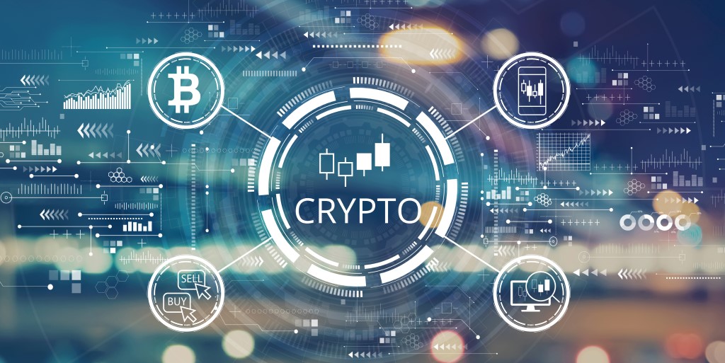 A radial process graphic showing crypto in the centre with bitcoin and data icons surrounding it.