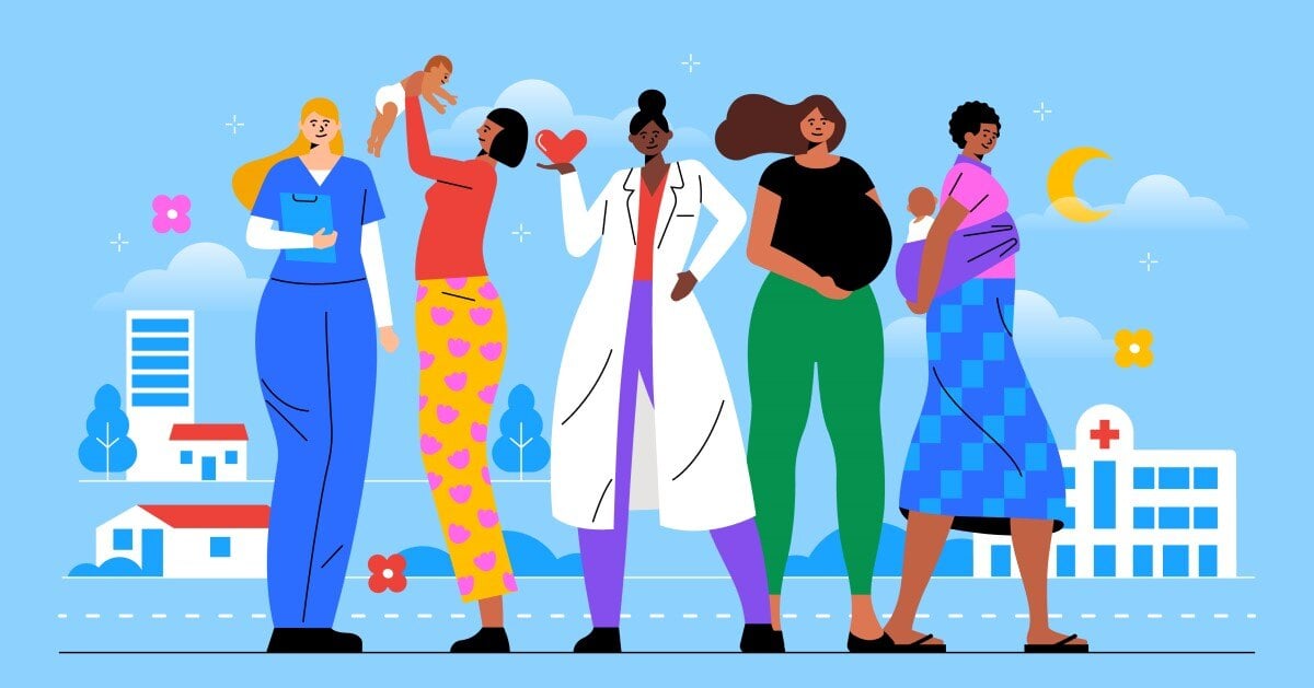 Illustration of pregnant women, health professionals and babies